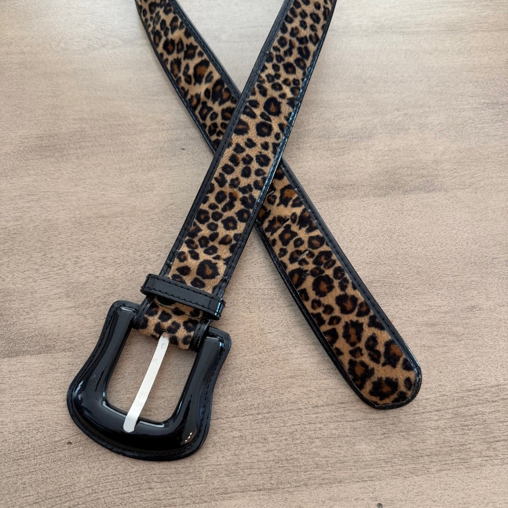 Leopard Print Faux Fur Belt Black Patent Trim Oversized Buckle Size Medium